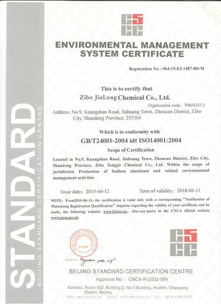 Trung Quốc Zibo  Jiulong  Chemical  Co.,Ltd Chứng chỉ